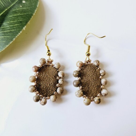 2/$27 | Tan Stone Shield Beaded Indigenous Hoop Earrings | Handmade - Picture 4 of 5